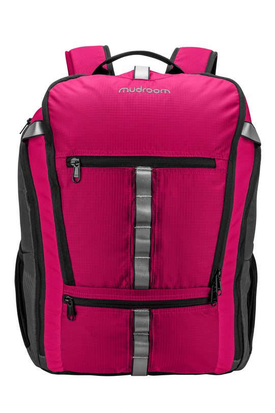 Original Mudroom Quartable backpack in bright pink wildberry ripstop nylon fabric - front view.  Fully featured multi-use backpack designed to be capable of carrying a pair of shoes separately from other items stowed inside including computer and tablet.