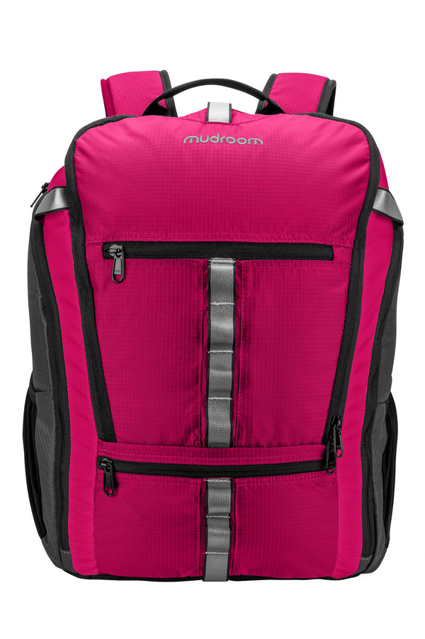 Original Mudroom Quartable backpack in bright pink wildberry ripstop nylon fabric - front view.  Fully featured multi-use backpack designed to be capable of carrying a pair of shoes separately from other items stowed inside including computer and tablet.